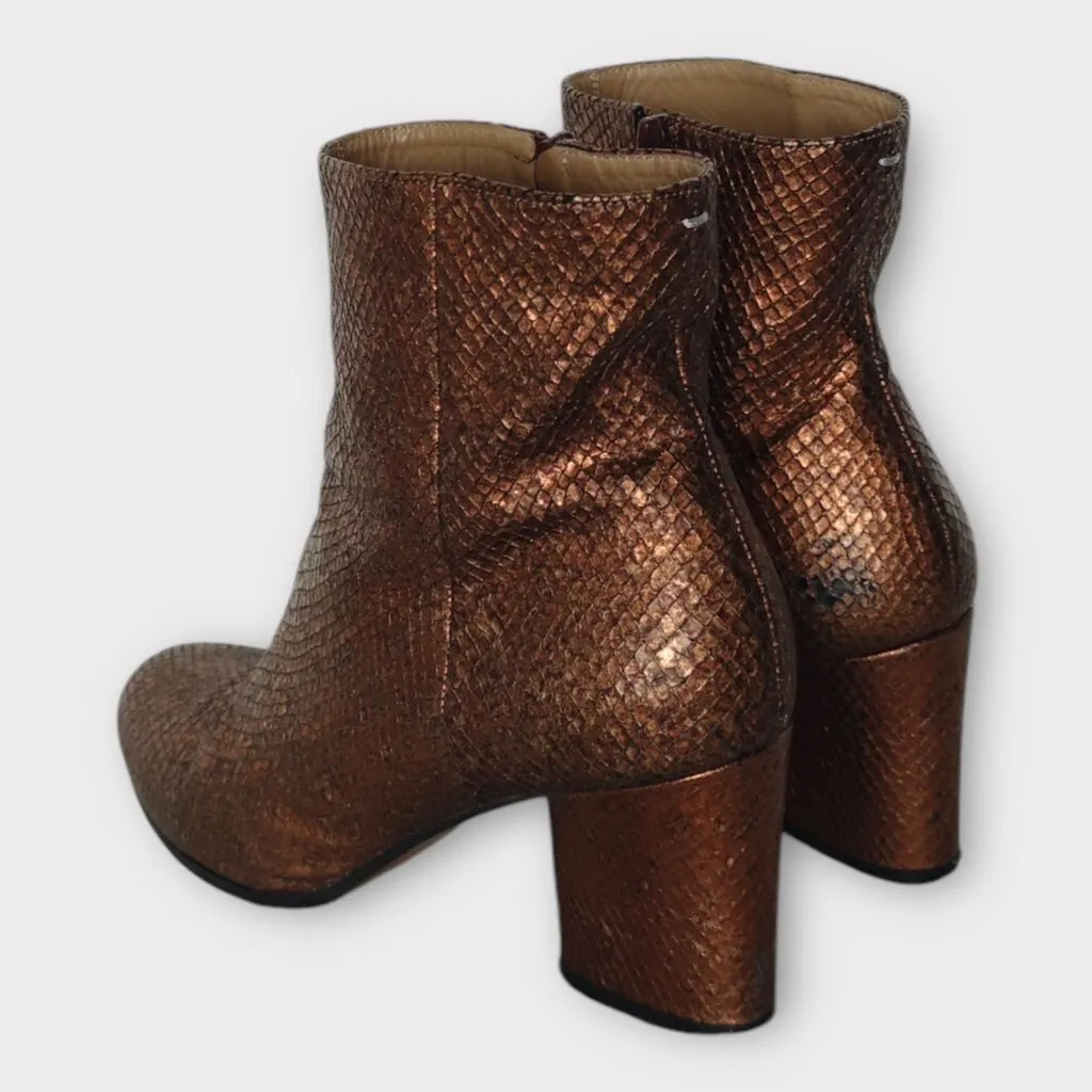 Maison Margiela Bronze Snakeskin Leather Block Heel Boots