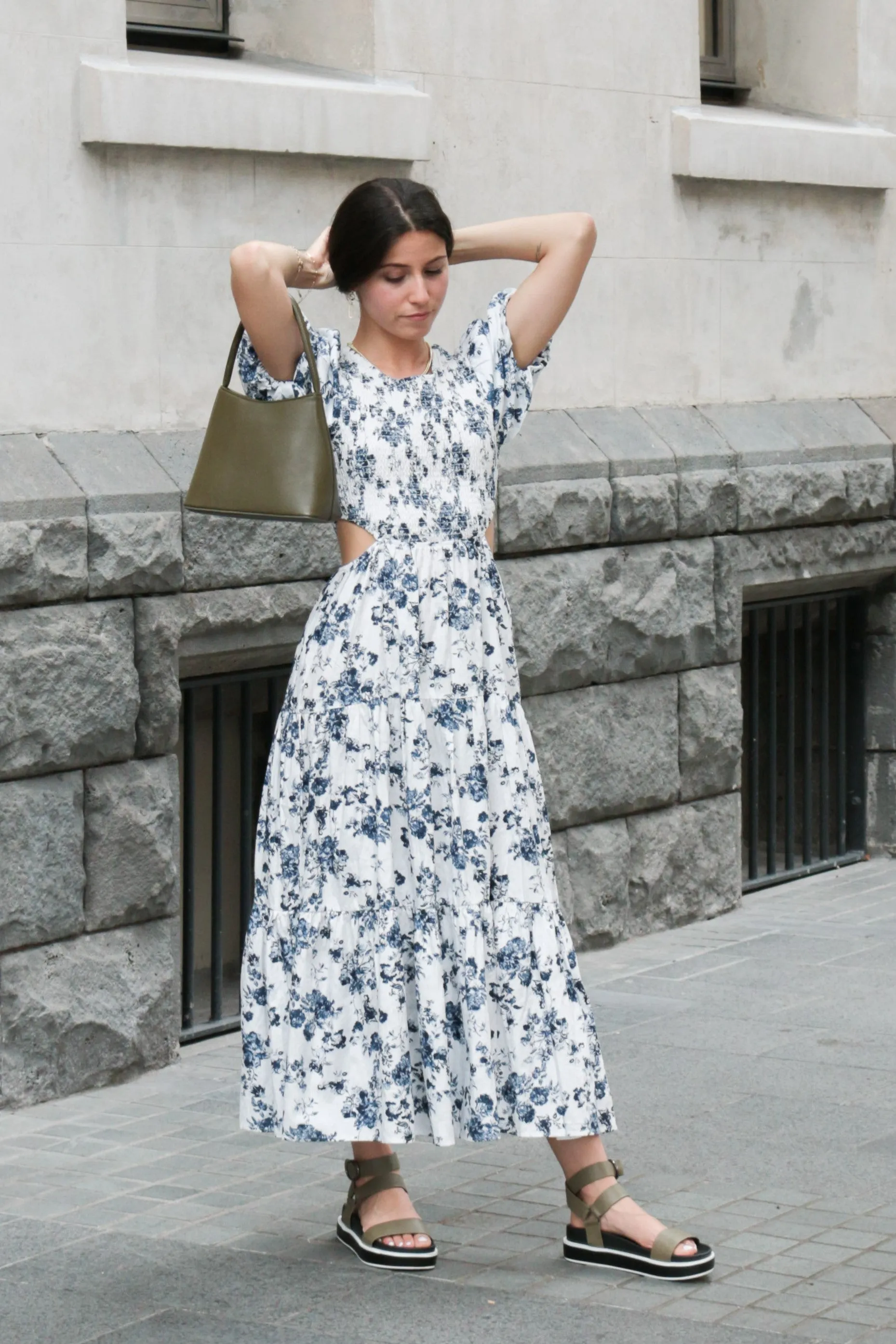 Milano Blue Floral Poplin Puff SS Cut Out Waist Tiered Maxi Dress