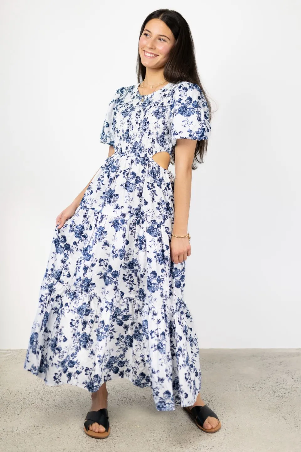 Milano Blue Floral Poplin Puff SS Cut Out Waist Tiered Maxi Dress