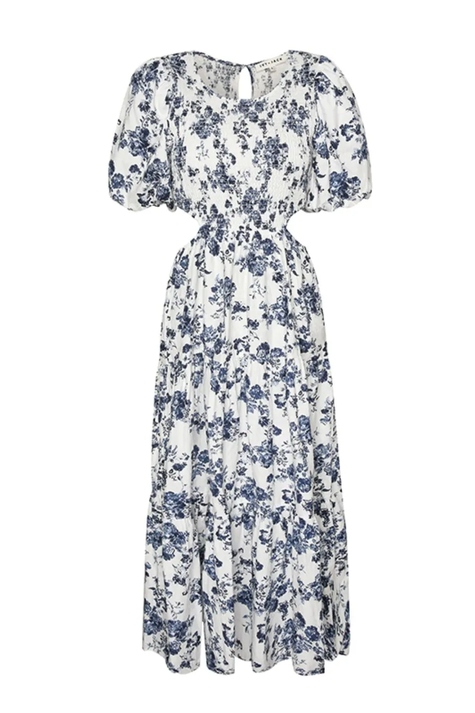 Milano Blue Floral Poplin Puff SS Cut Out Waist Tiered Maxi Dress