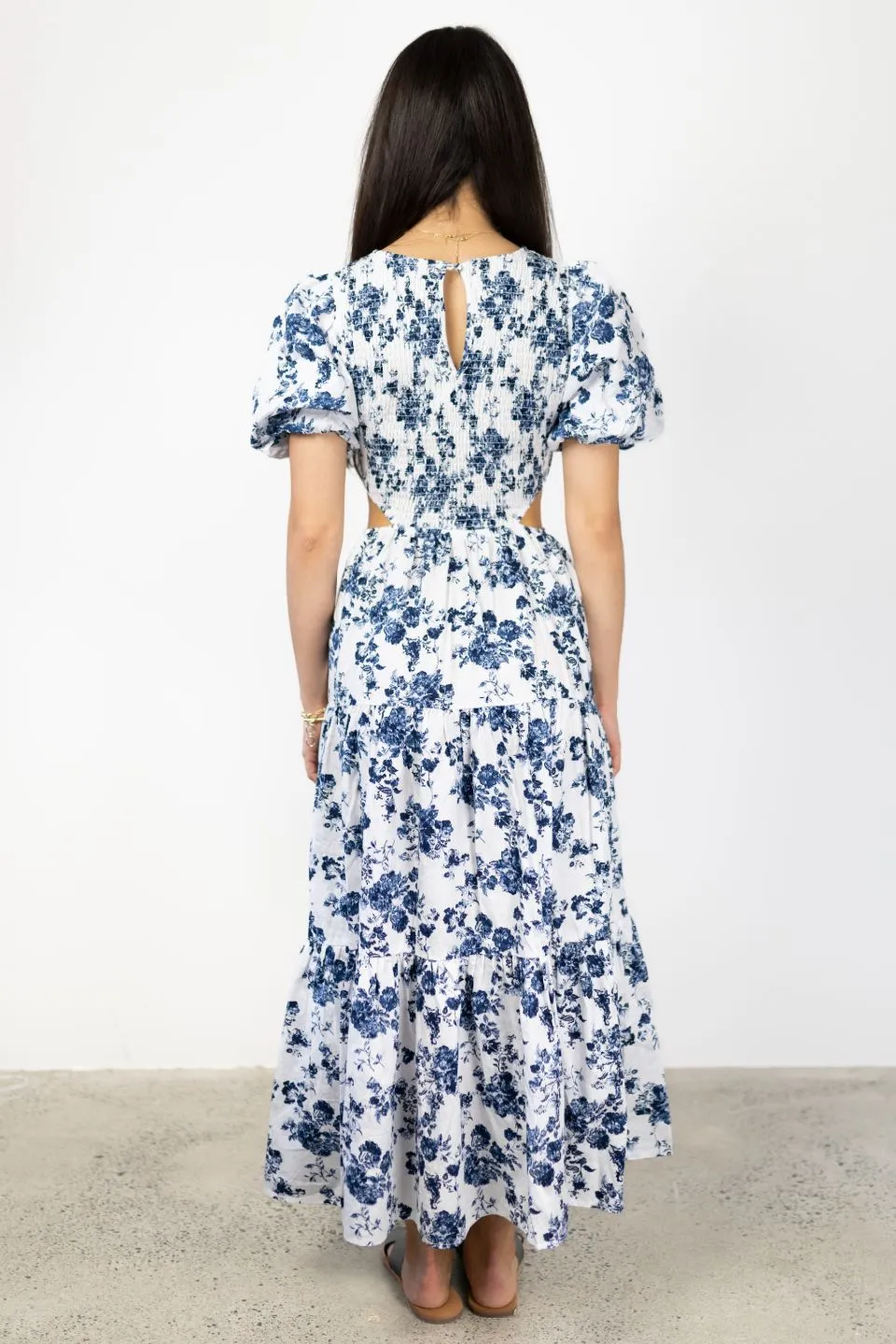 Milano Blue Floral Poplin Puff SS Cut Out Waist Tiered Maxi Dress