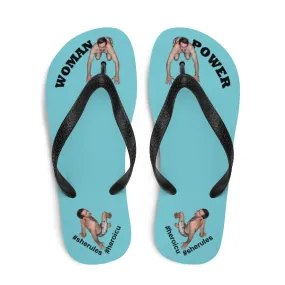 Woman Power Fabric Top Flip Flop Sandal Has Men Bow To Your Toes Robin Egg Blue Color with Black Letters (NEW 2023-04)