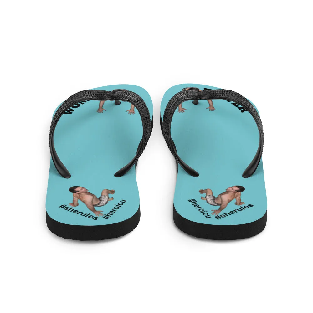 Woman Power Fabric Top Flip Flop Sandal Has Men Bow To Your Toes Robin Egg Blue Color with Black Letters (NEW 2023-04)