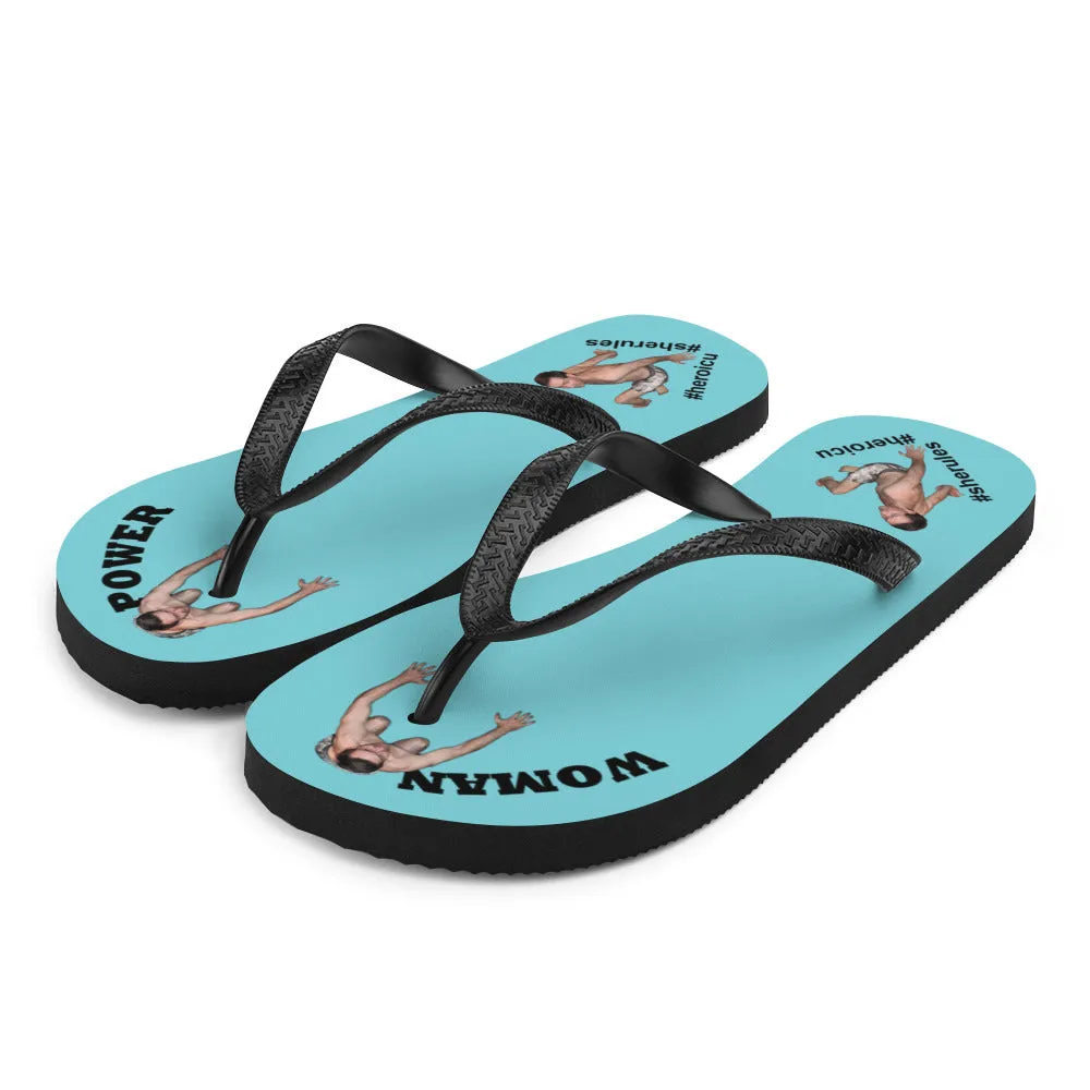 Woman Power Fabric Top Flip Flop Sandal Has Men Bow To Your Toes Robin Egg Blue Color with Black Letters (NEW 2023-04)