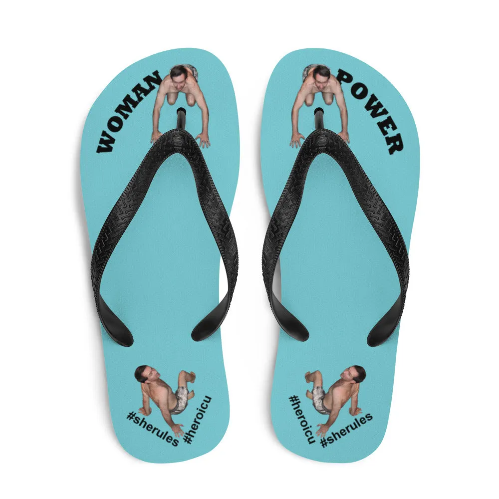 Woman Power Fabric Top Flip Flop Sandal Has Men Bow To Your Toes Robin Egg Blue Color with Black Letters (NEW 2023-04)